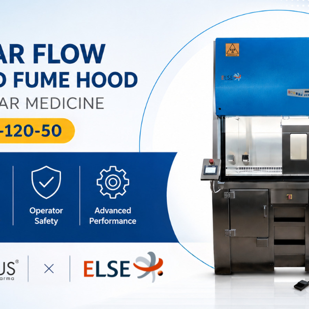 Hotă cu flux laminar ecranată ELSE Solutions CAB-V2-A-120-50 pentru manipularea radiofarmaceuticelor în laboratoarele de medicină nucleară