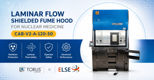 Hotă cu flux laminar ecranată ELSE Solutions CAB-V2-A-120-50 pentru manipularea radiofarmaceuticelor în laboratoarele de medicină nucleară