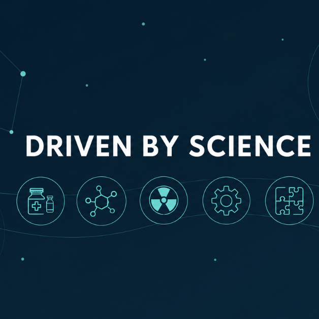 Driven by Science – ilustrație conceptuală despre inovație, medicina nucleară și radiofarmaceutice.