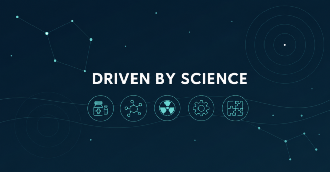 Driven by Science – ilustrație conceptuală despre inovație, medicina nucleară și radiofarmaceutice.